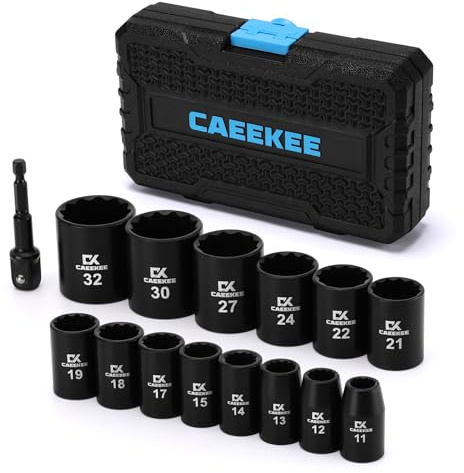 CaeeKee 15PCS 1/2 Drive Shallow 12-Point Impact Socket Set, Metric(11mm - 32mm), Cr-V Steel, Includes Drill Socket Adapter