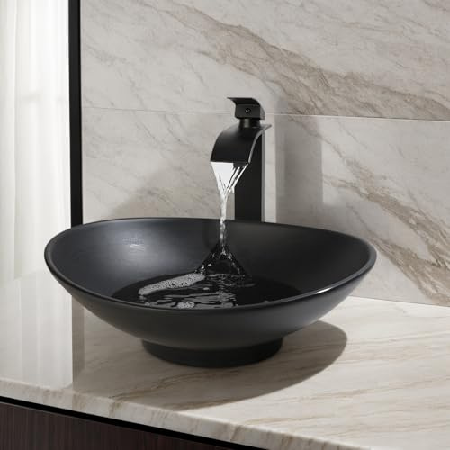 kiciykc Oval Black Stone Resin Countertop Bathroom Vessel Sink with Tap and Pop-Up Waste Modern Bathroom Basin for Vanity, 406mm x 305mm