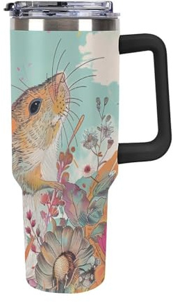 Termo de viaje de 40 onzas a prueba de fugas, vaso aislado reutilizable con popote para bebidas calientes y frías, ratón en campo de flores