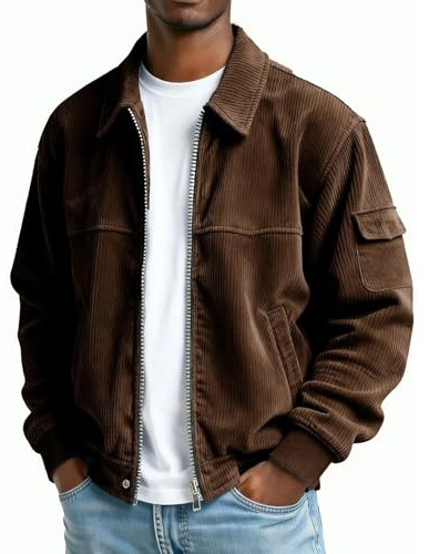 Chemise décontractée en velours côtelé pour homme avec fermeture éclair et manches longues, veste vintage avec poches, veste en velours côtelé pour homme, marron, XXL