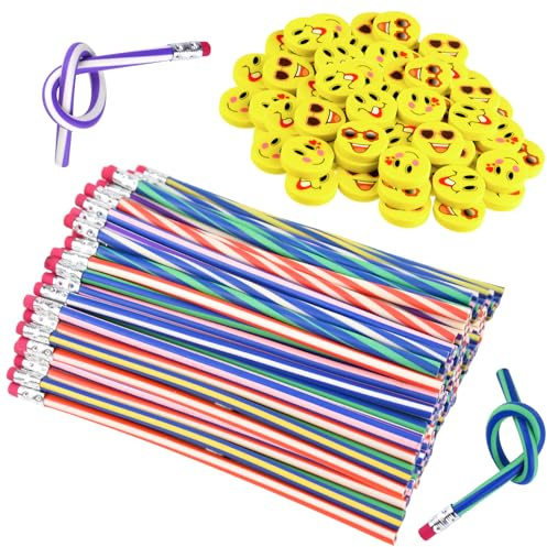 ANPUNAT 120 Pezzi Set di per riempire sacchetti regalo per feste, matite e gomme morbide e flessibili, articoli di cancelleria divertenti per la scuola e le feste.