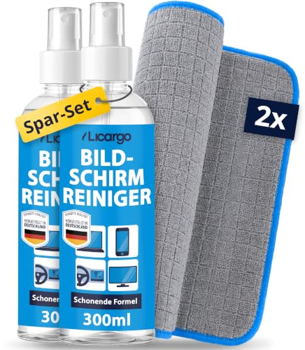 LICARGO 2X Bildschirmreiniger Set 300ml - Streifenfrei & schonend - Display Reiniger mit 2X Mikrofasertuch 380 GSM - Screen Cleaner für TV (LCD, LED, OLED, QLED, TFT) Monitor, Laptop, Tablet & Handy