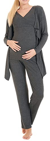 Herzmutter mammapyjamaset för kvinnor - ammande pyjamas i tre delar - graviditets wellness set - loungewear för graviditet och amning - kofta med byxor – 8100 (Mörkgrå, L)