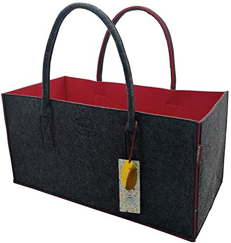 RAIKOU NEU Filztasche Shopper Holzkorb Einkaufstasche Henkeltasche Zeitungskorb Stabile Kaminholztasche Zeitungsständer auch für Spielzeug Garten Picknick Strand (Anthrazit/Rot,50 * 25 * 25cm)