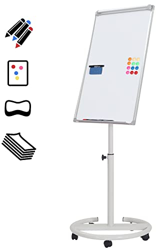 Jago® Lavagna a Fogli Mobili - con Ruote, Base Rotonda, 60 x 90 cm, Altezza Regolabile, con Pennarelli, Magneti, 25 Fogli, Spugna - Lavagna Portablocco, Flipchart, Bacheca Magnetica