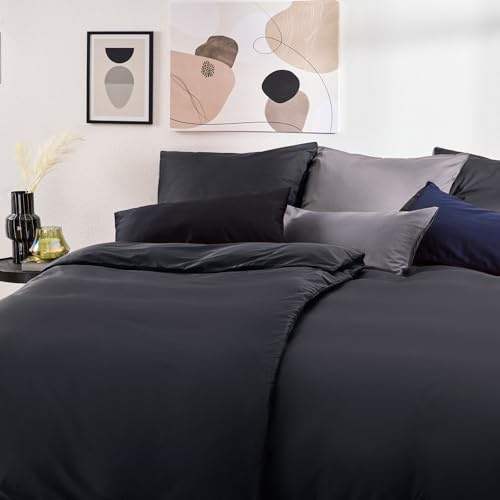 Blumtal Set Copripiumino 135x200cm e 1 Federa 40x80cm in Raso, Set Biancheria da Letto in Cotone Satinato, Nero