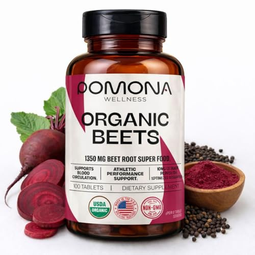 Pomona Wellness Beetroot Supplement Powder 1350mg, Supports Blood Pressure, Heart Health, Circulation, Energy & Athletic Performance, USDA Organic, Non-GMO, Vegan, 100 Tablets