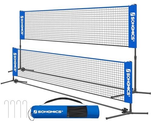 SONGMICS 13 ft Badminton Net, Height Adjustable Volleyball Net, Pickleball Net with Poles, Foldable Nylon Net for Tennis Indoor Outdoor Court, Blue Black USYQ400