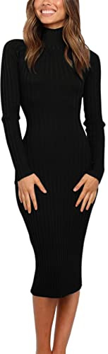 MEROKEETY Women's 2025 Ribbed Long Sleeve Sweater Dress High Neck Slim Fit Knitted Midi Dress, Black, S