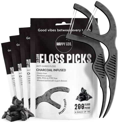 Dental Floss Picks for Teeth (200ct) - Double Thread Tooth Picks Flossers for Adults, Toothpicks Floss, Vegan Corn-Straw Handle, Shred-Resistant String for Interdental Oral Care & Gum Health, Charcoal