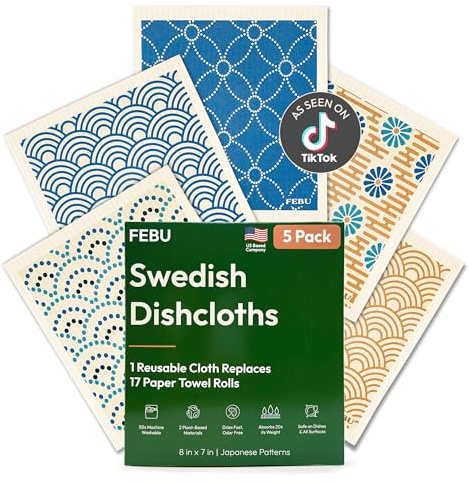FEBU Swedish Dishcloths for Kitchen | 5 Pack Japanese Reusable Paper Towels Washable | Swedish Dish Towels | Non-Scratch Cellulose Sponge Cloths | No Odor, Biodegradable Cleaning Cloths