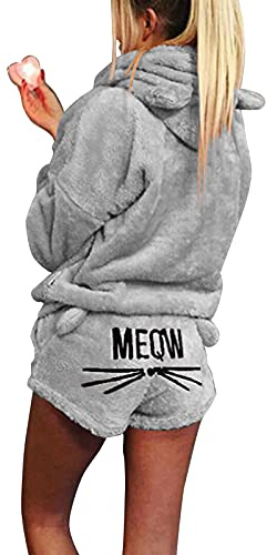 Winmany Women Cat Embroidery Pajamas 2pcs Winter Cute Girls Hooded Sleepwear Cat Ear Bathrobe Long Sleeve Shorts Fleece Tracksuit Suit (L, Light Grey)