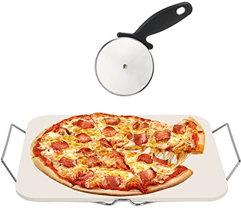 Pizza Steine für Backofen & Grill - 38 x 30 CM Keramik Backstein Set mit Pizza Cutter & Metall Rack, 300 ° C Hitzebeständige Pizza Zubehör für Zuhause Backen und Grillen