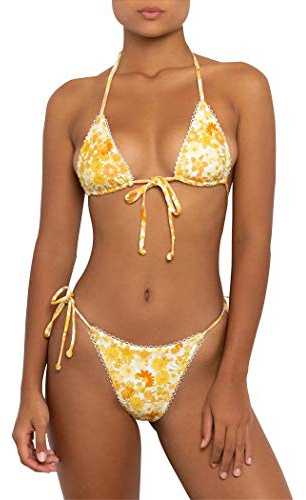 Bikinis Swimsuit Set for Women Swimwear Triangle Bathing Suit Tie String Thong (Yellow, XS)