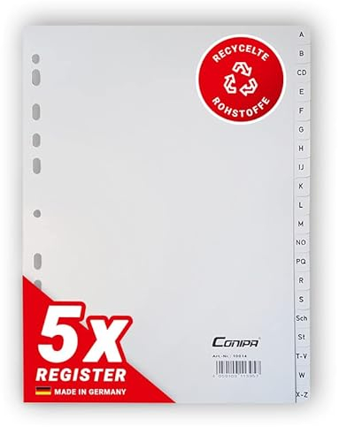Conipa® - 5er Set A-Z Register für Ordner DIN A4 alphabetisch (MADE IN GERMANY) - Ordner-Register & Trennblätter aus PP mit Buchstaben (Alphabet) - Trennregister für Akten, Ringbücher & Hefter (Grau)