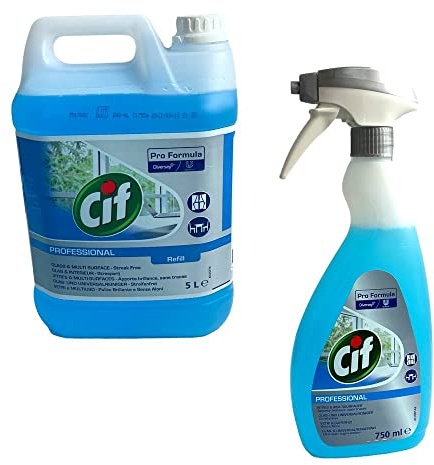 CIF Profi Glasreiniger Scheibenreiniger Fensterreiniger Fensterputz Spiegel und Glasflächen Reiniger fettlösend - Made in germany (5L kanister + 750ml Sprühflasche)