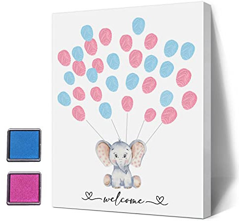 Gender Reveal Party Fingerabdruck Baum Schild Elefant Thema Leinwand Babyparty Gästebuch Woodland Baby Shower Gästebuch