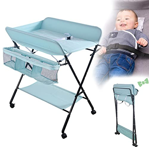 Cambiador plegable para bebé recién nacidos, mesa de cambio de pañales, cambiador con bañera para bebé 2 en 1, cambiador portátil (80 * 66 * 98cm-azul)