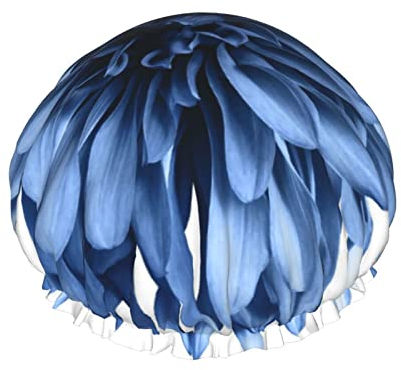 Blaue Dahlien-Blumen-Druck-Duschhaube für Frauen, wiederverwendbar, doppellagig, Stoff, Duschhauben, Mädchen-Haarkappen
