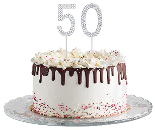 Gyufise Happy 50th Birthday Cake Topper Silver Metal Happy Birthday Party Sparkly Rhinestone 50th Cake Decoration for 50th Birthday Party Cake Decorations Supplies