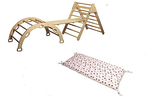 Montessori Kletterset | Kletterdreieck Kletterbogen & Leiter Rampe | Kletterbogen mit Kissen | Holz Kletterset mit Kissen | Klettergerüst Set mit Rampe und Kissen (Star)