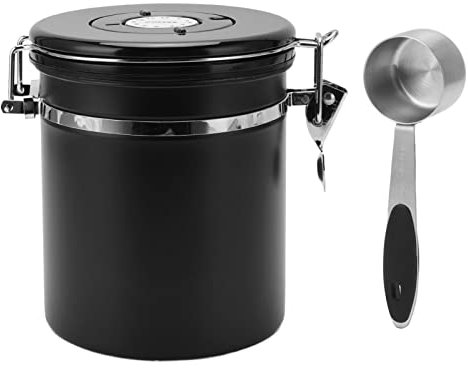 Cyrank Coffee Canister with Spoon, Airtight Coffee Canister Stainless Steel for Ground Vacuum Tea(Black#M)