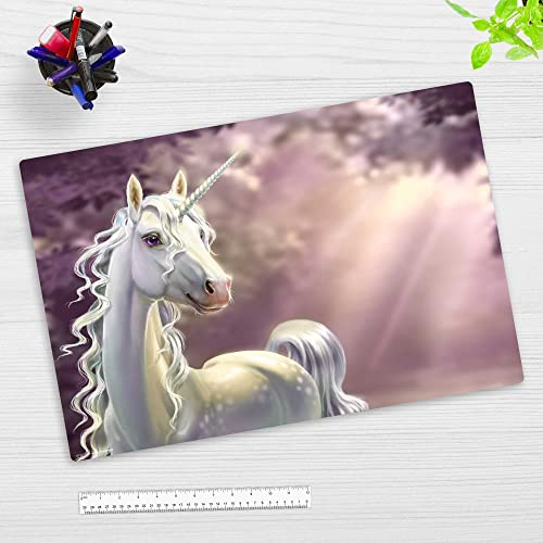 Schreibischunterlage für Kinder - weißes Einhorn vor lila Hintergrund - in verschiedenen Größen - aus Vinyl - Made in Germany (60 x 40 cm)