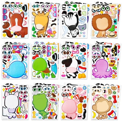 JOYIN 24 PCS 6x 9/15.2 * 22.8cm Make-a-face Sticker Sheets Make Your Own Animal Mix and Match Sticker Sheets with Safaris, Sea and Fantasy Animals Kids Party Favor Supplies Craft