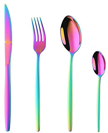 YDware Besteck Regenbogen Besteck set 4-teilige Edelstahl Gabeln Löffel Teelöffel Steakmesser für 1 Personen Cutlery Set für Haus Küche Restaurant