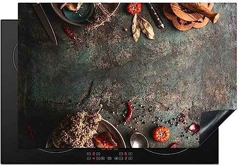 KitchenYeah© Herdabdeckplatte Einteilig Ceranfeld Abdeckplatte Küche Deko | 78x52 cm - Ceranfeldabdeckung Herdabdeckung Induktionsmatte Marmor - Gemüse - Herbst - Kürbis - Rustikal - Gewürze