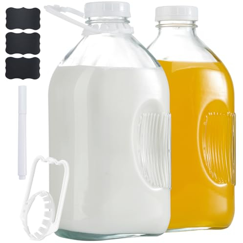 FyndraX Milchkännchen aus Glas – 2 Liter Behälter mit luftdichten Schraubdeckeln und Griff für Milch, Muttermilch, Saft, Eistee, kaltes Wasser, 1,8 l, 2 Stück