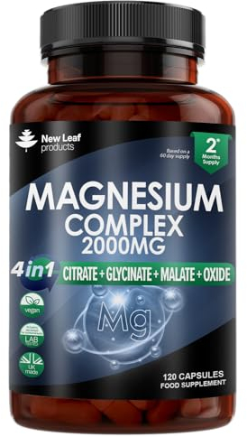 Magnesium Glycinate 4-in-1 Complex 1836mg – 381mg Elemental Per Serving – High-Strength Magnesium with Bisglycinate, Citrate, Malate, Oxide – 120 Vegan Capsules – UK Manufactured by New Leaf