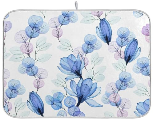 Transparente staubblaue Magnolien-Eukalyptusblätter, Abtropfmatte, Mikrofasermatten, Qucik Trocknen, weich, große Spülbeckenmatten, 45,7 x 61 cm, für Küche, Arbeitsplatte, Restaurants, Kaffee-Bars