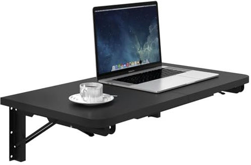 TEAMIX Wall Mounted Folding Table, Black Floating Desk for Small Spaces, Drop Leaf Dining Table for Kitchen Fold Down Laundry Shelf with Heavy-Duty Brackets