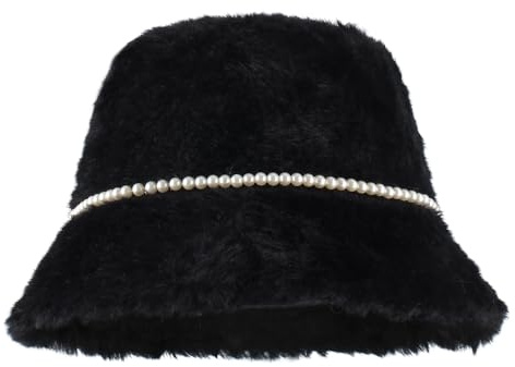 MEGAUK Damen Plüsch Fischerhut Wintermütze Flauschige Bucket Hat Breite Krempe Fellmütze Warme Anglerhut mit Perle Design