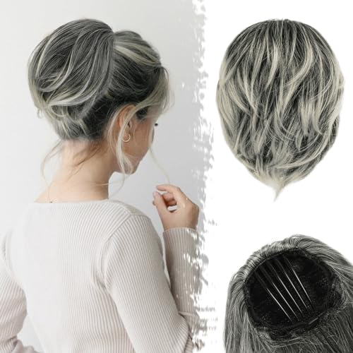 BARSDAR Dritto Chignon Finto per Capelli Corto Coda di Cavallo Capelli Chignon Extension con Pettini Clip Chignon con Coulisse Sintetici Posticci Extension Capelli per Donna (Grigio & Bianco Tips)