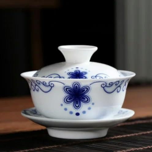 LAMPPE Juego de té Gaiwan, Juego de té de Kung Fu con Forma de Panal Hueco, Porcelana Azul y Blanca, vajilla de cerámica Gaiwan de 150ml, sopera