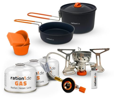 ration1 Camping Gaskocher Set - 7-teiliges Aluminium Topfset, 3 Gaskartuschen, Campingkocher, lebensmittelechte Töpfe & Schalen, Feuerzeug - Kompaktes Outdoor & Camping Kochset