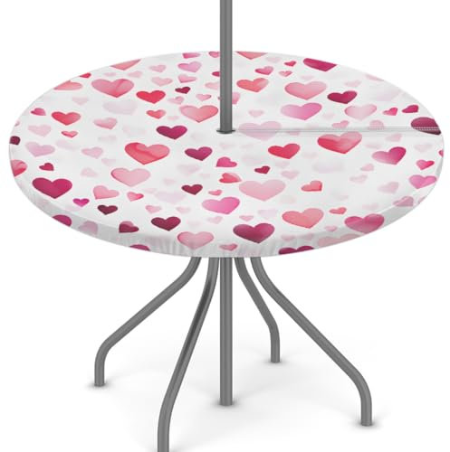 Woltant Nappe ronde avec trou de parasol et fermeture éclair facile à nettoyer avec bords élastiques pour jardin, terrasse, barbecue (amour de la Saint-Valentin)