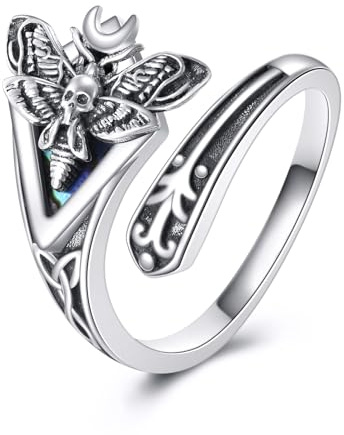 CUPENDA Spoon Ring for Women Sterling Silver Skull Moth Abalone Shell Adjustable Ring Death Head Moth Jewellery Size 6-8