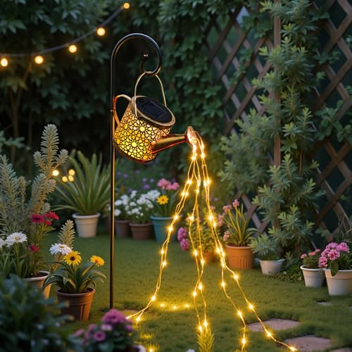 Solar Lights Outdoor Garden Ornaments,Led Solar String Light Waterproof Metal Hanging Watering Can Lantern for Patio Yard Pathway Decoration,Gardening Gifts for Mom Grandma Women Birthday