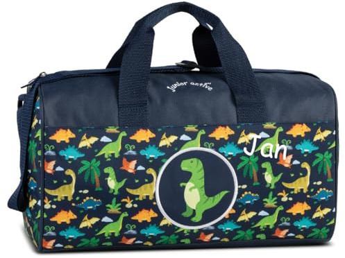 minimutz Sporttasche Kinder klein, Personalisiert mit Namen, Reisetasche Weekender Bag, 38x22x20 cm, 12L, Dino