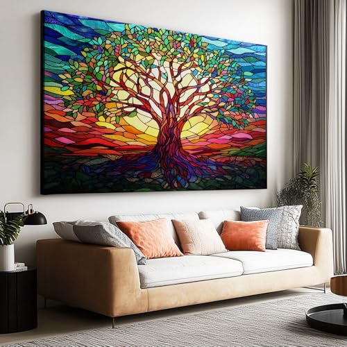 Tableau Decoration Murale Salon Moderne, Arbre vie style vitrail 120x90 cm Grand Impression sur Toile pour Chambre Bureau Salle De Bain Maison Décoration