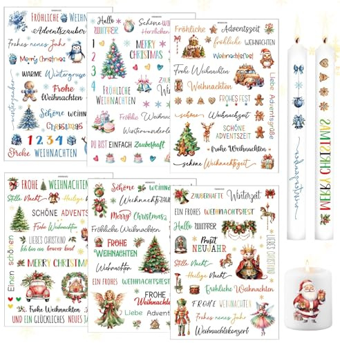 6 Stück Kerzentattoos Weihnachten, Kerzen Folie Weihnachten, Kerzenaufkleber Weihnachts, Wasserschiebefolie Kerzen Tattoo, DIY Kerzensticker, für Kerzen Wände Fenster Tassen DIY Geschenk (B)