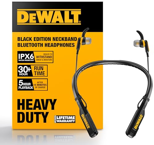 DEWALT Heavy Duty Magnetic Bluetooth Neckband Headphones, Wireless Around the Neck Earbuds w/30H Runtime+Noise Isolation, HandsFree Magnetic Wireless Earphones w/Mic Bluetooth Headsets - Black Edition