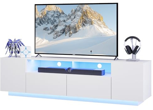 WLIVE Mueble de TV LED para televisores de hasta 75 pulgadas, con gran espacio de almacenamiento, mesa de TV con iluminación LED RGB, para sala de estar, dormitorio, color blanco