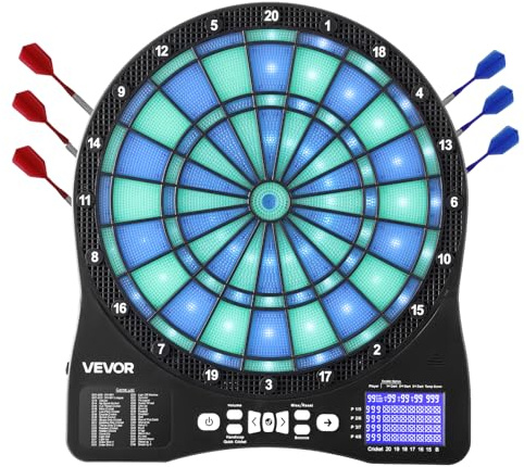 VEVOR Diana Electrónica 342,9 mm, con Iluminación LED, 48 Juegos, 500 Variantes, Incluye 6 Ejes de Dardos con Plumas y 50 Puntas de Repuesto, Pantalla LCD con Marcador de Críquet, a 8 Jugadores