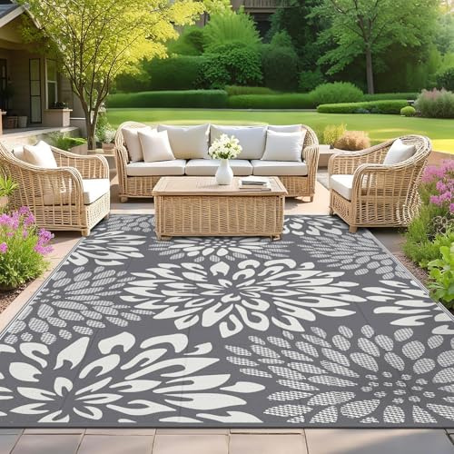 SHACOS Tappeto da Esterno Impermeabile Reversibile, Tappeti Esterno Grande Plastica Leggera, Resistente Ai Raggi UV Tappeto Giardino per Campeggio Camper, Foglie Grigio, 150 X 240 cm