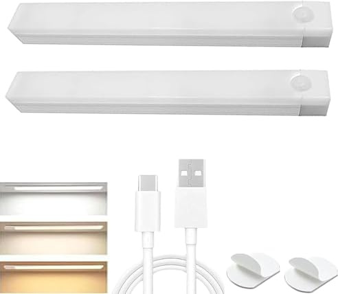 CHENRI 2 Stück Bohrfreie intelligente Sensor magnetische aufladbare LED-Leuchte, 3 Farben Dimmbar Schrankbeleuchtung Led Lampe mit Bewegungsmelder, Unterbauleuchte Küche für Treppe, Schrank (50CM)
