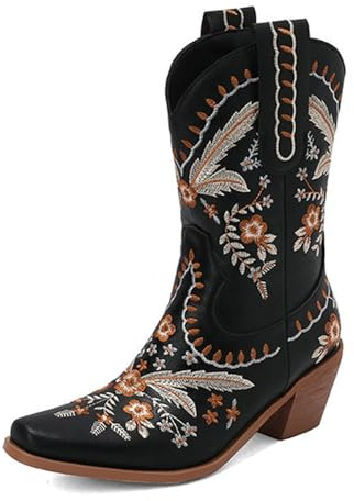 Wtharosa Broderade cowboystövlar västerländsk läder mitten av vaden blommig design brons sömnad blockklack för västerländska temafester, Svart, 35 EU